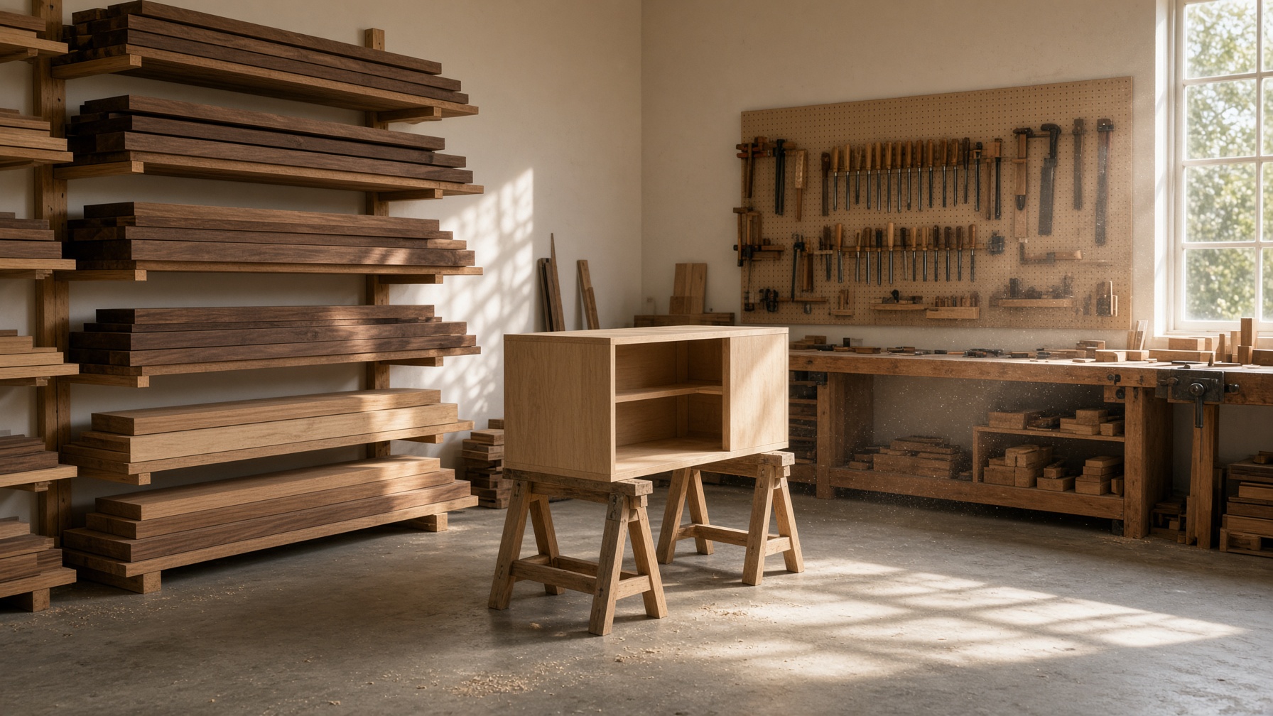 Sunlit woodworking studio with lumber racks of walnut and white oak